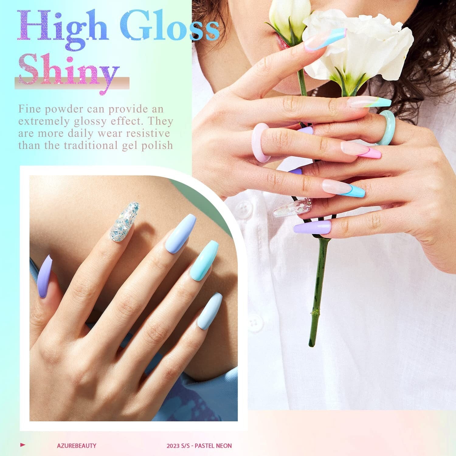 Bright Pastel Neon 42-Pc Dip Powder Nail Set with Glossy Finish & Recycling Tray