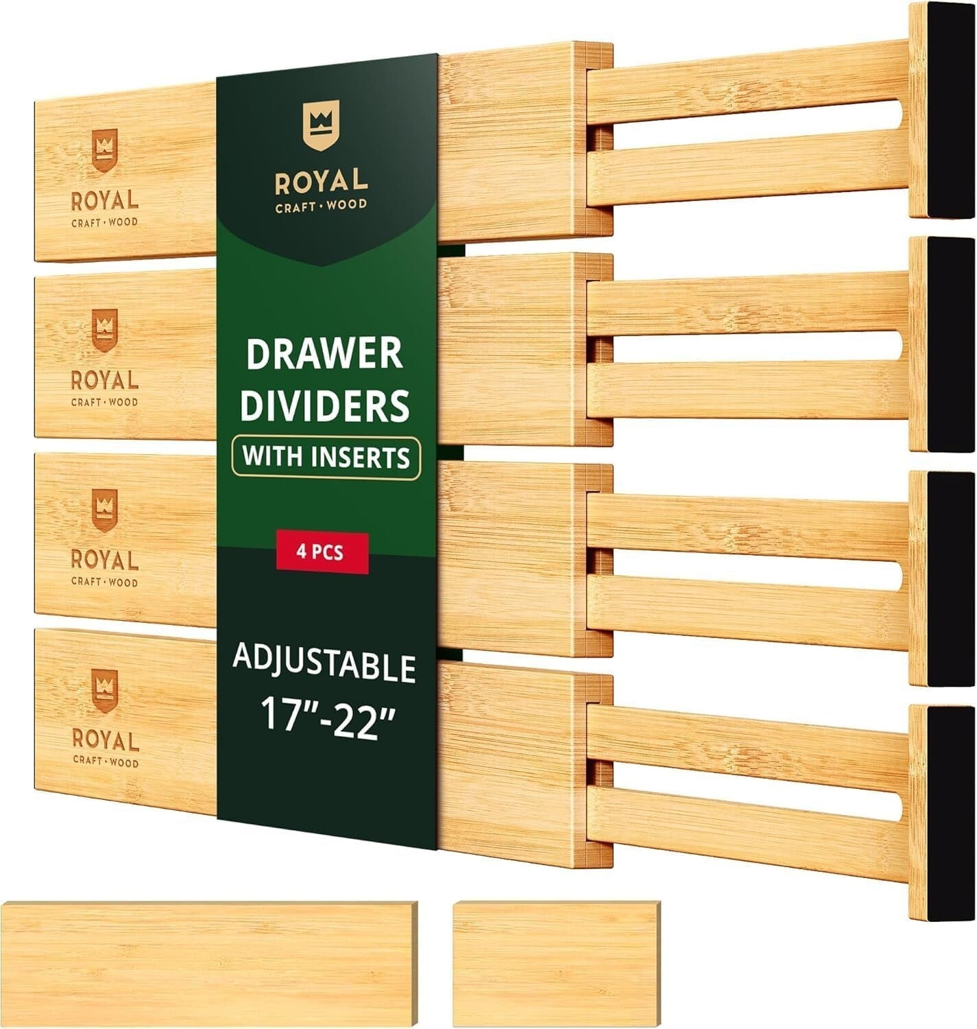 Natural Bamboo Drawer Dividers Set with EVA Foam Padding - 4 Adjustable Inserts