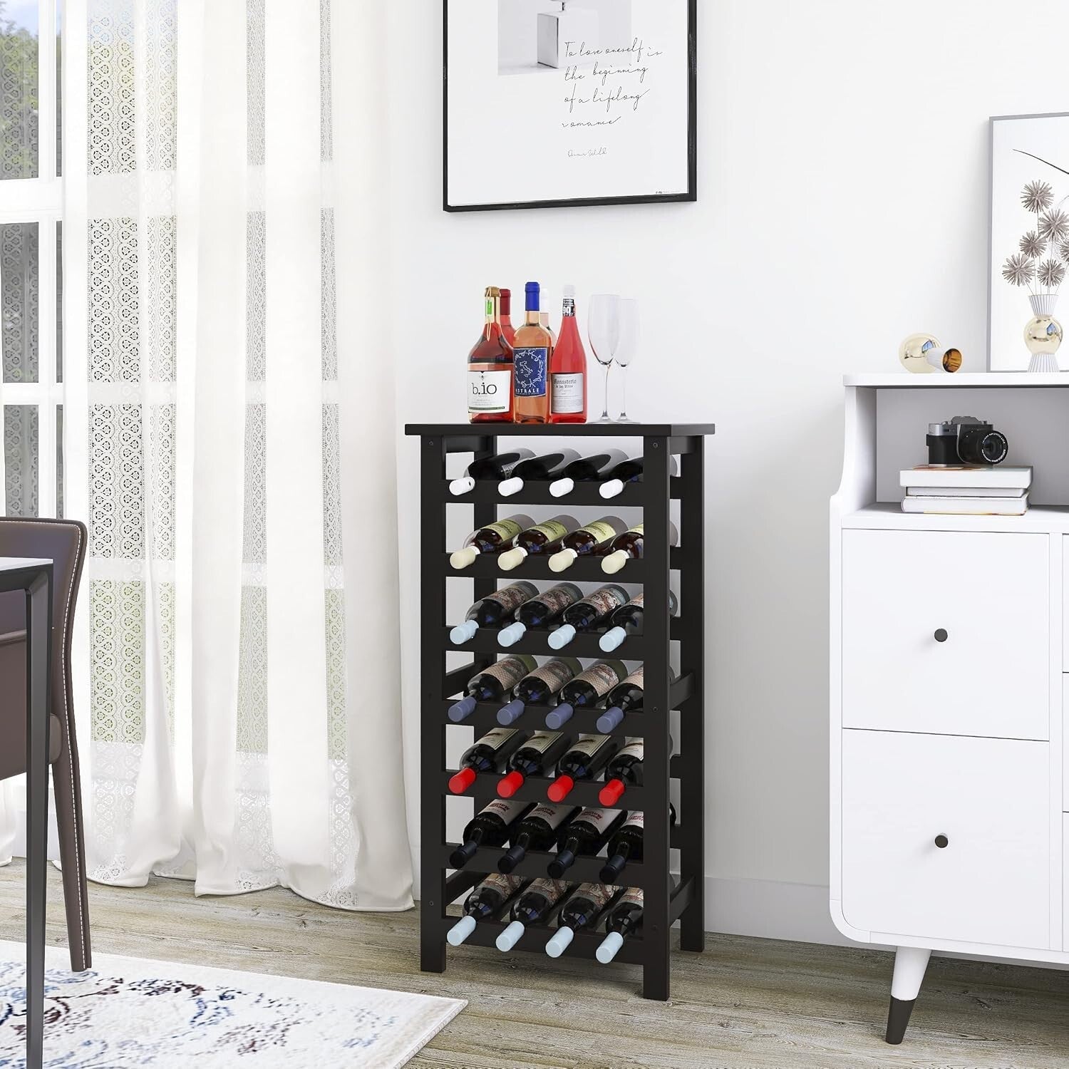 Chic Black Bamboo Wine Rack for 28 Bottles - 7-Tier with Space-Efficient Design