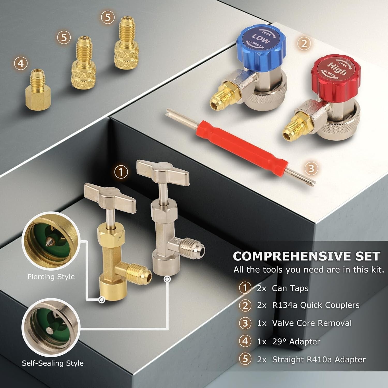 Multi-Refrigerant A/C Gauge Set with Brass Valves, 5FT Hose & 3 Tank Adapters