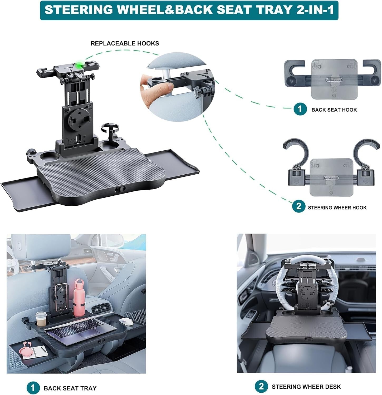 2-in-1 Car Steering Wheel Desk & Back Seat Tray - Ultimate Driving Convenience