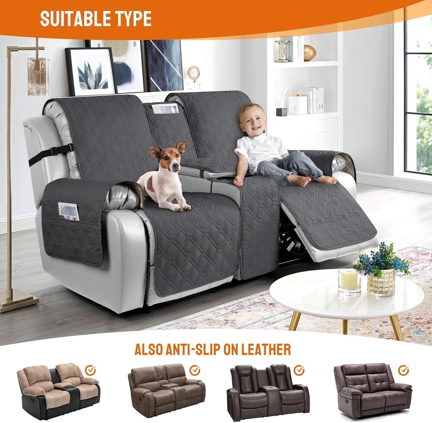 Charcoal Gray Waterproof Loveseat Recliner Cover with Console for Pet Protection