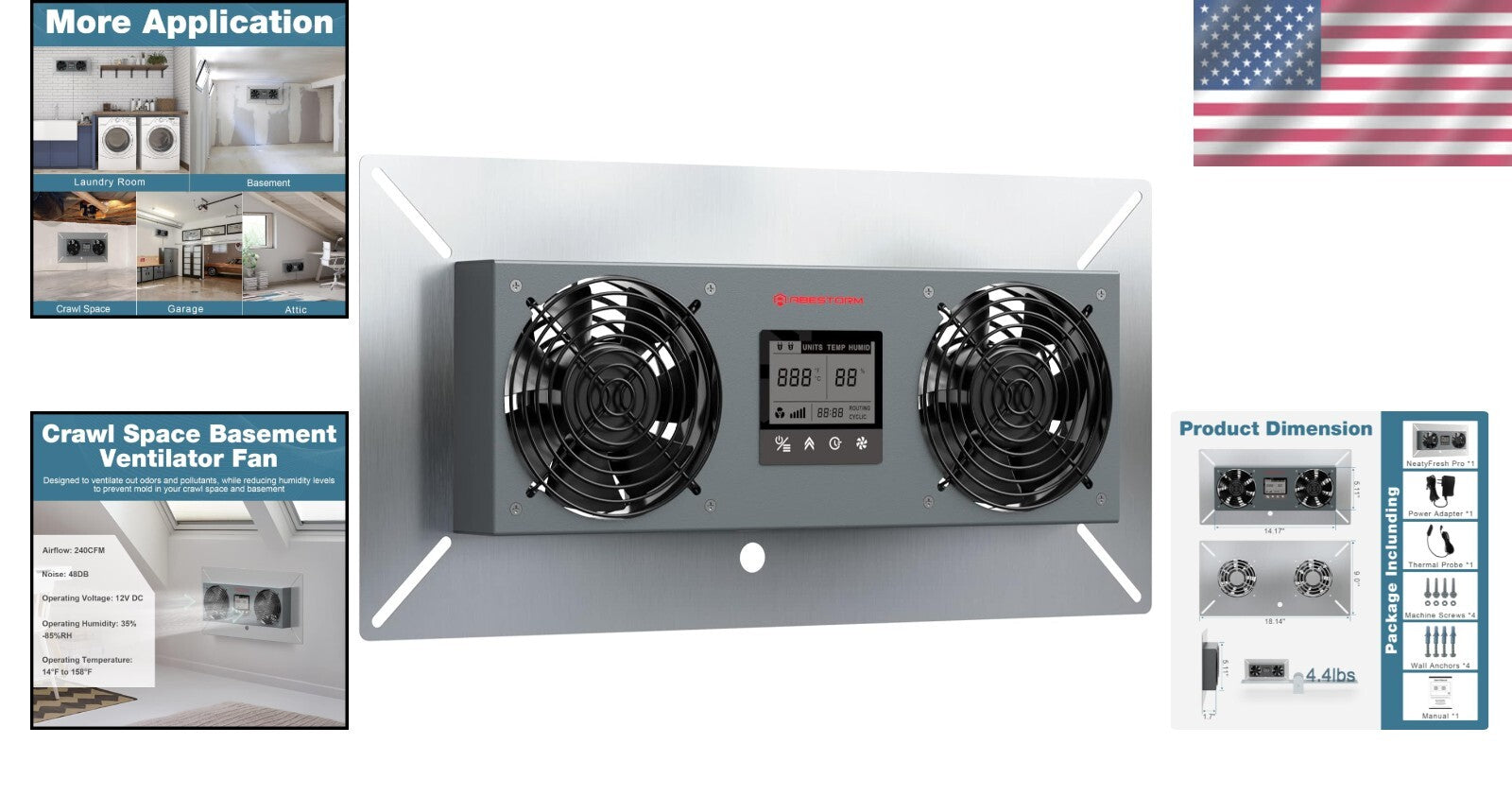 Stainless Steel Crawlspace Ventilator with Programmable Humidity Control - 48 dB