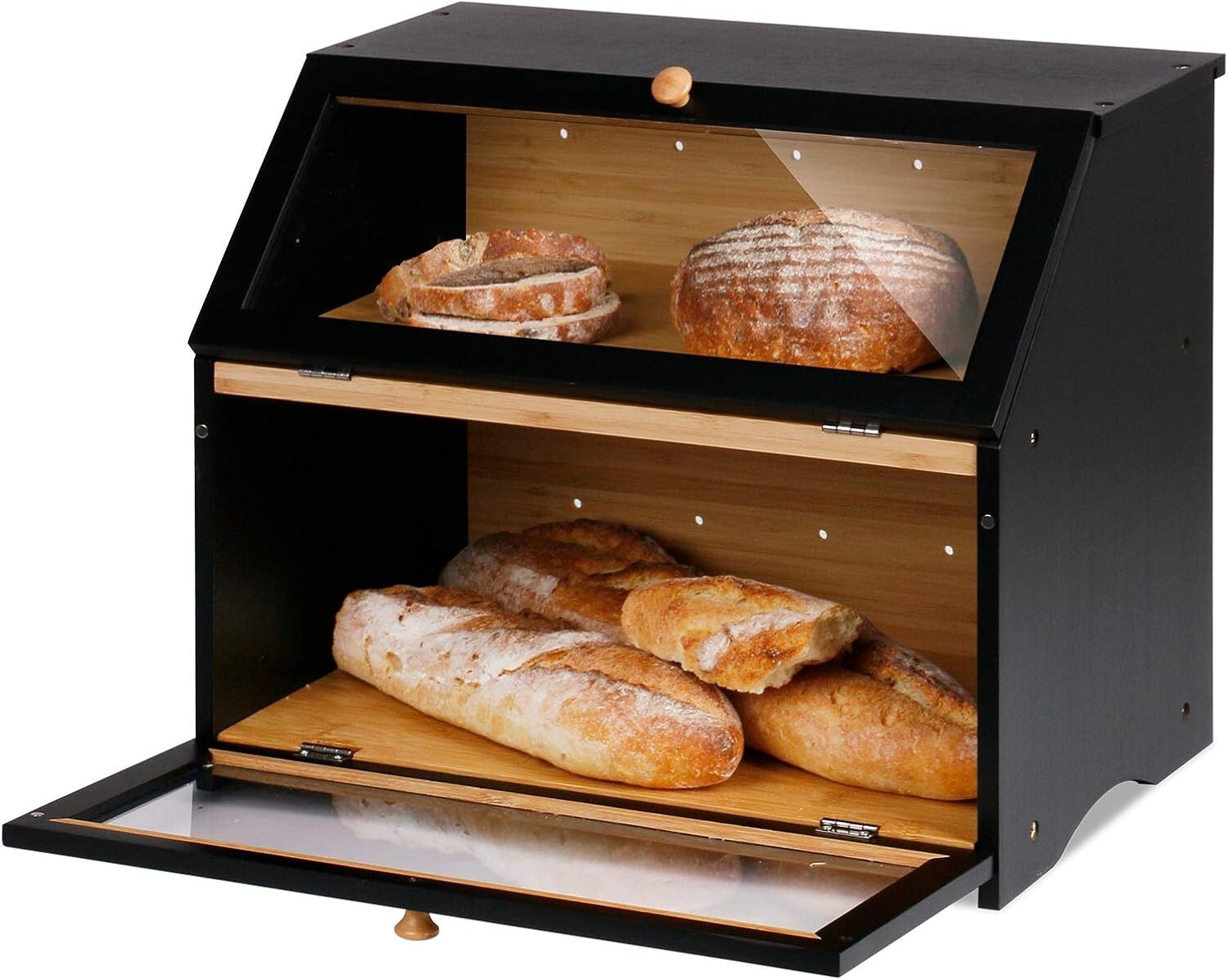 Elegant Black Bamboo Bread Box with Double Layers for Optimal Freshness