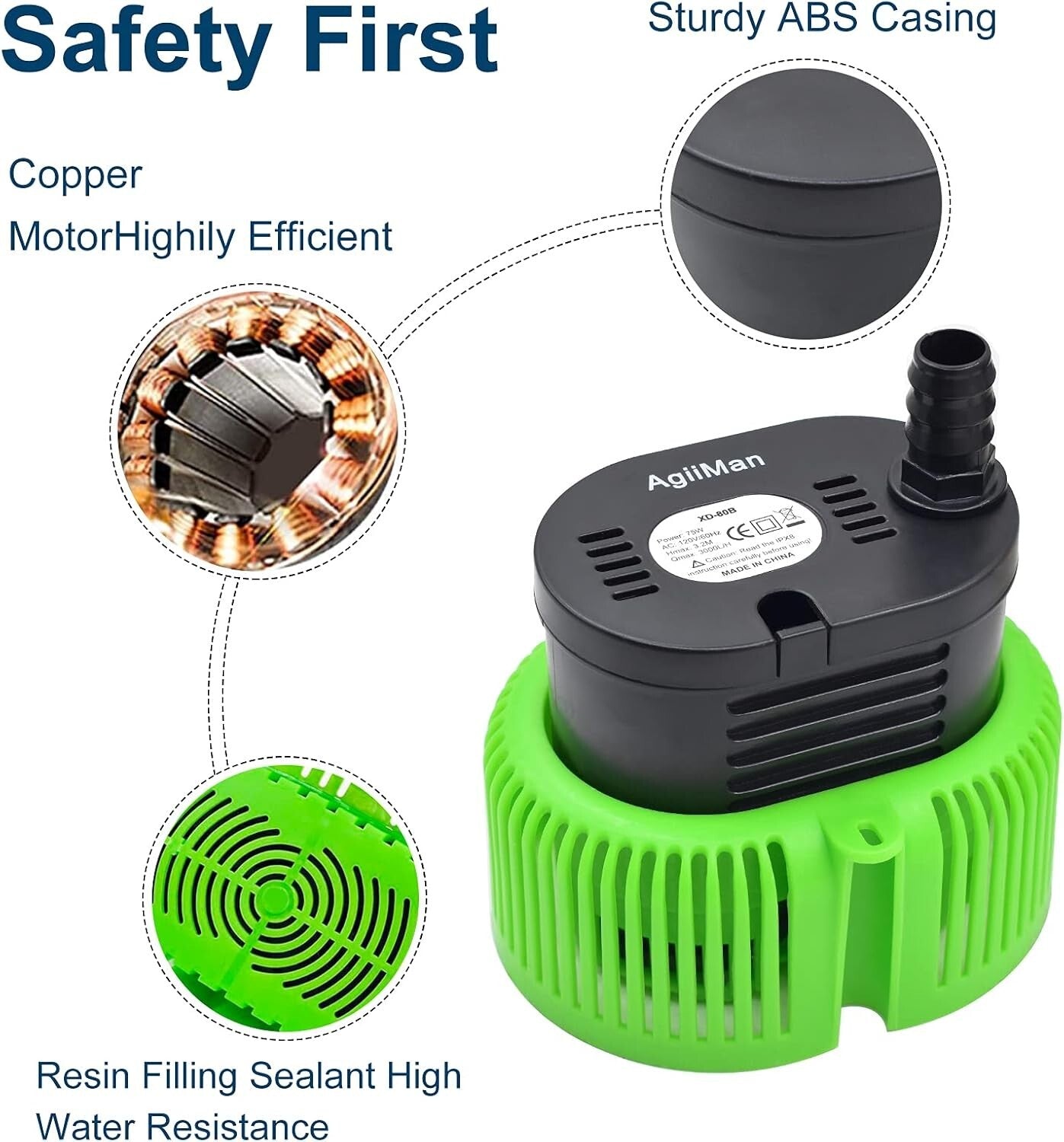 Durable Submersible Swimming Pool Pump with 3 Adapters & Long Drainage Hose