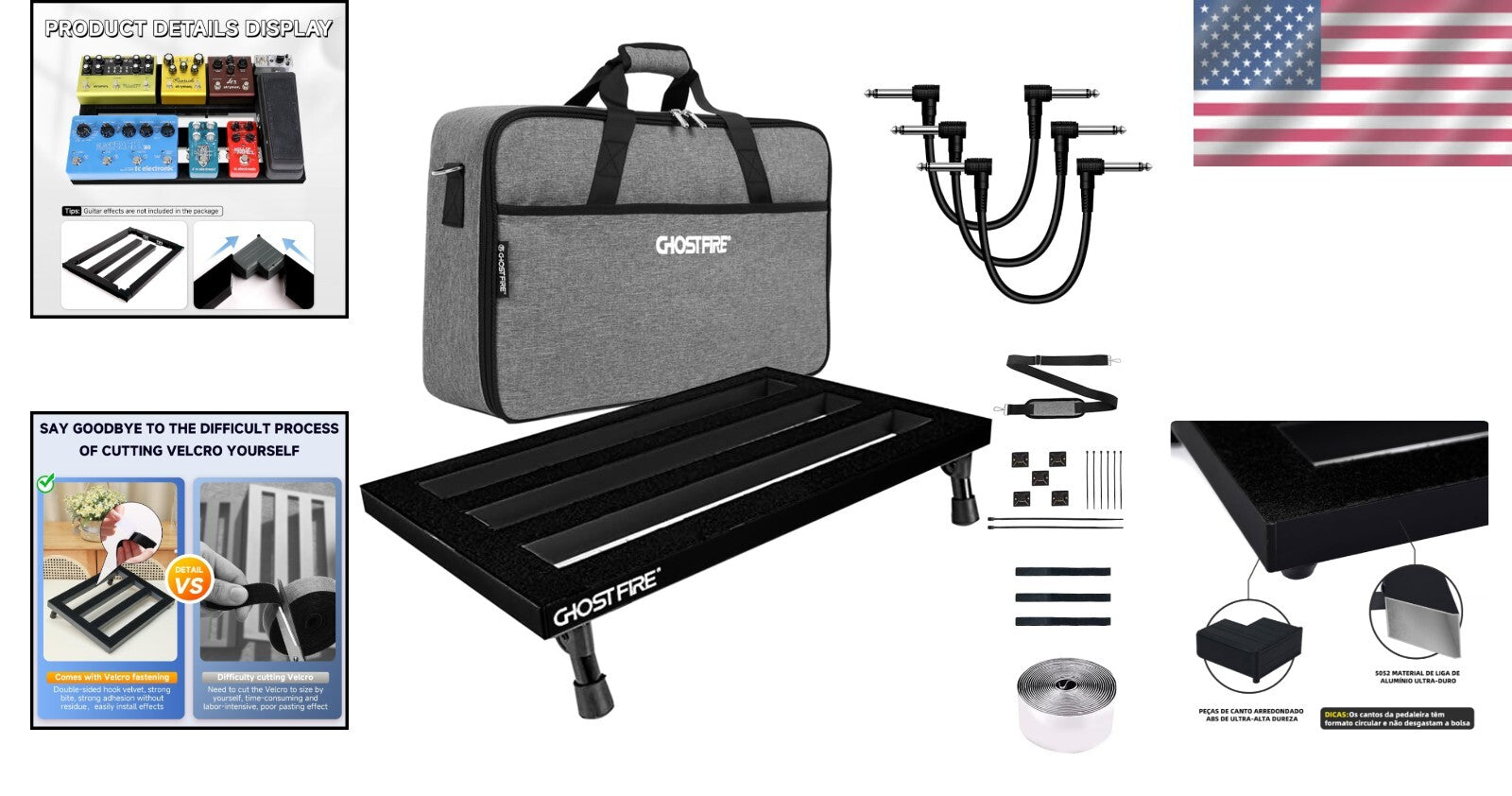 Ghost Fire 1.76lb Aluminum Guitar Pedalboard with 3 Patch Cables - 19.8''x11.5''