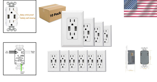Effortless 3.1A Dual USB Charging Wall Outlet - 15-Amp Tamper Resistant 10-Pack