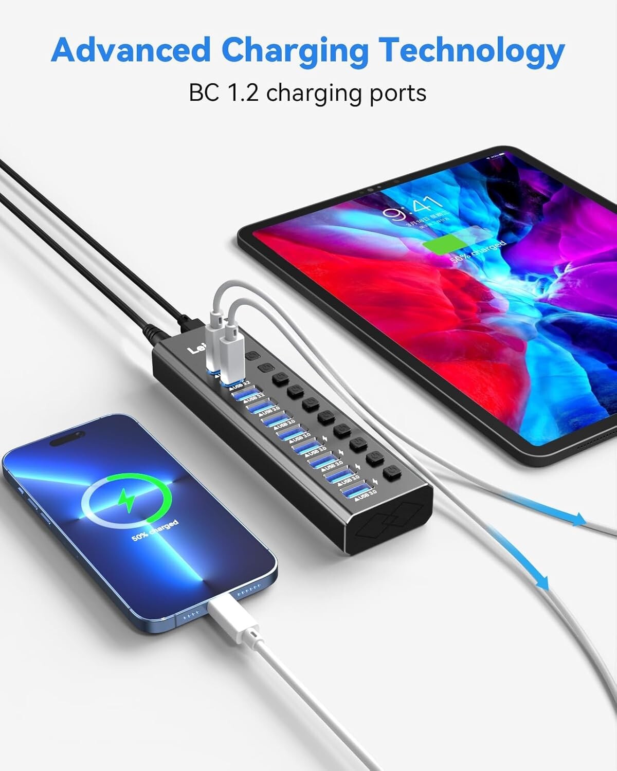 10-Port USB 3.2 Hub with Power Adapter & Individual Switches for Devices