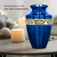 Load image into Gallery viewer, Beautiful Decorative Burial Urn for Adult Ashes - Blue and Gold Aluminum Finish