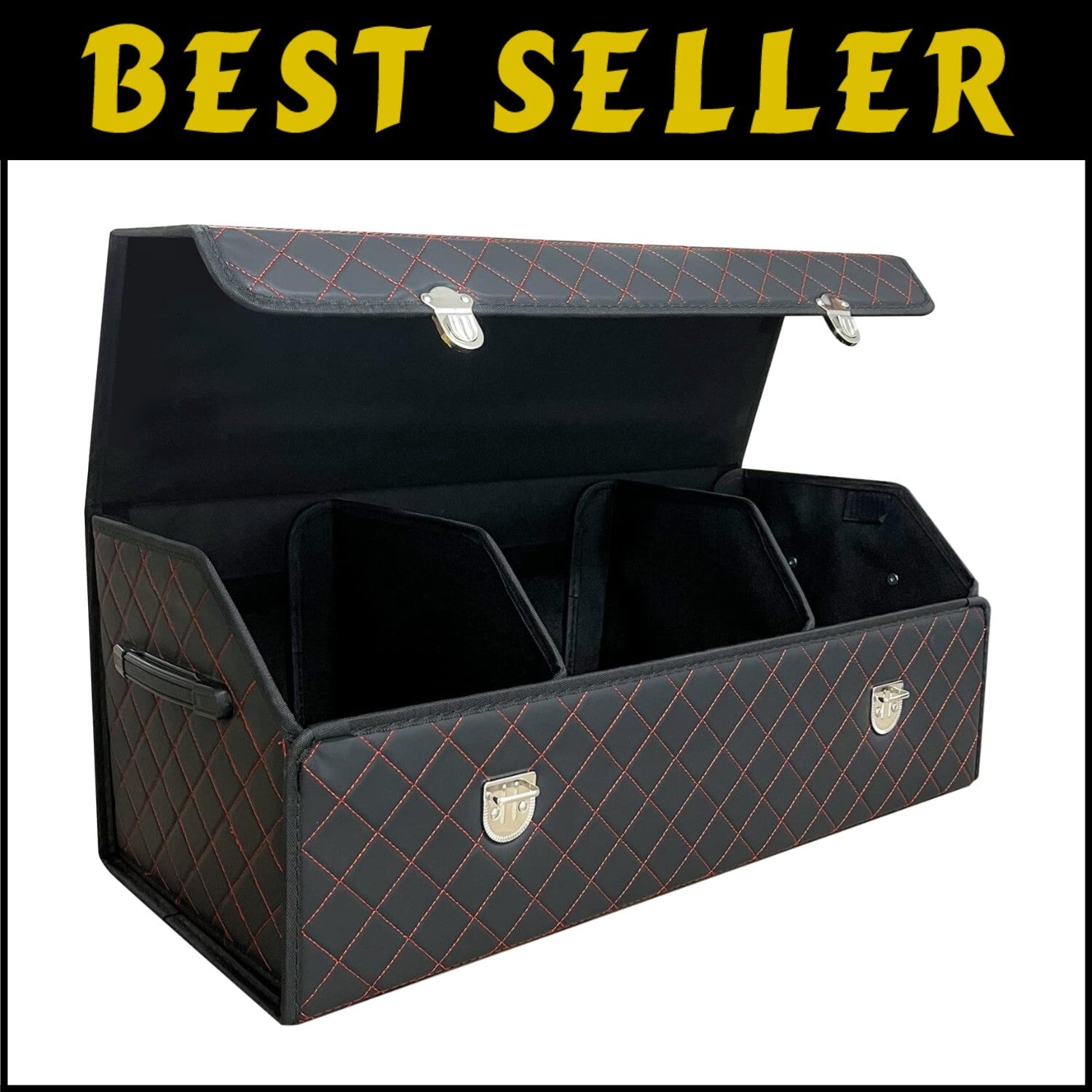 Elegant Foldable Black Red Grid Car Storage Box - Keeps Your Trunk Organized