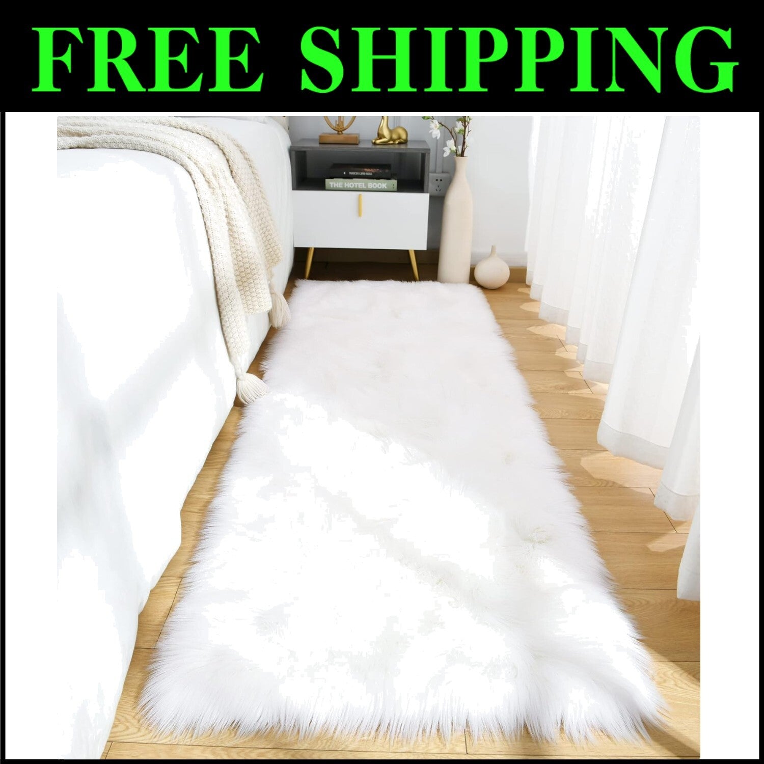 2x6 Ft White Faux Fur Runner Rug – Soft Fluffy Carpet for Living Room Elegance