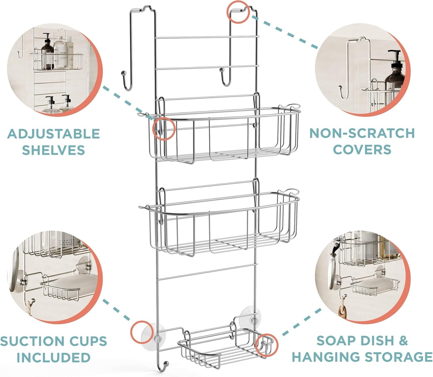 Adjustable Shower Caddy Organizer in Durable Stainless Steel - Fits Most Doors