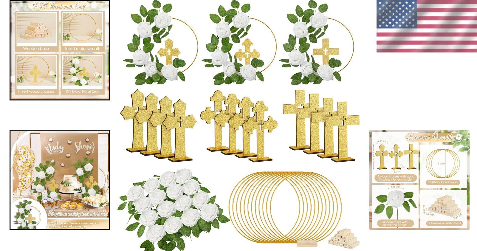 48 Pcs Gold & White Baptism Centerpieces: Wood Crosses, Floral Hoops & Roses