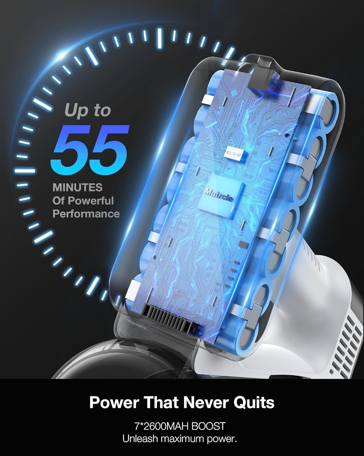 Rechargeable Cordless Stick Vacuum Cleaner for Carpets & Hard Floors, 55 Min Run