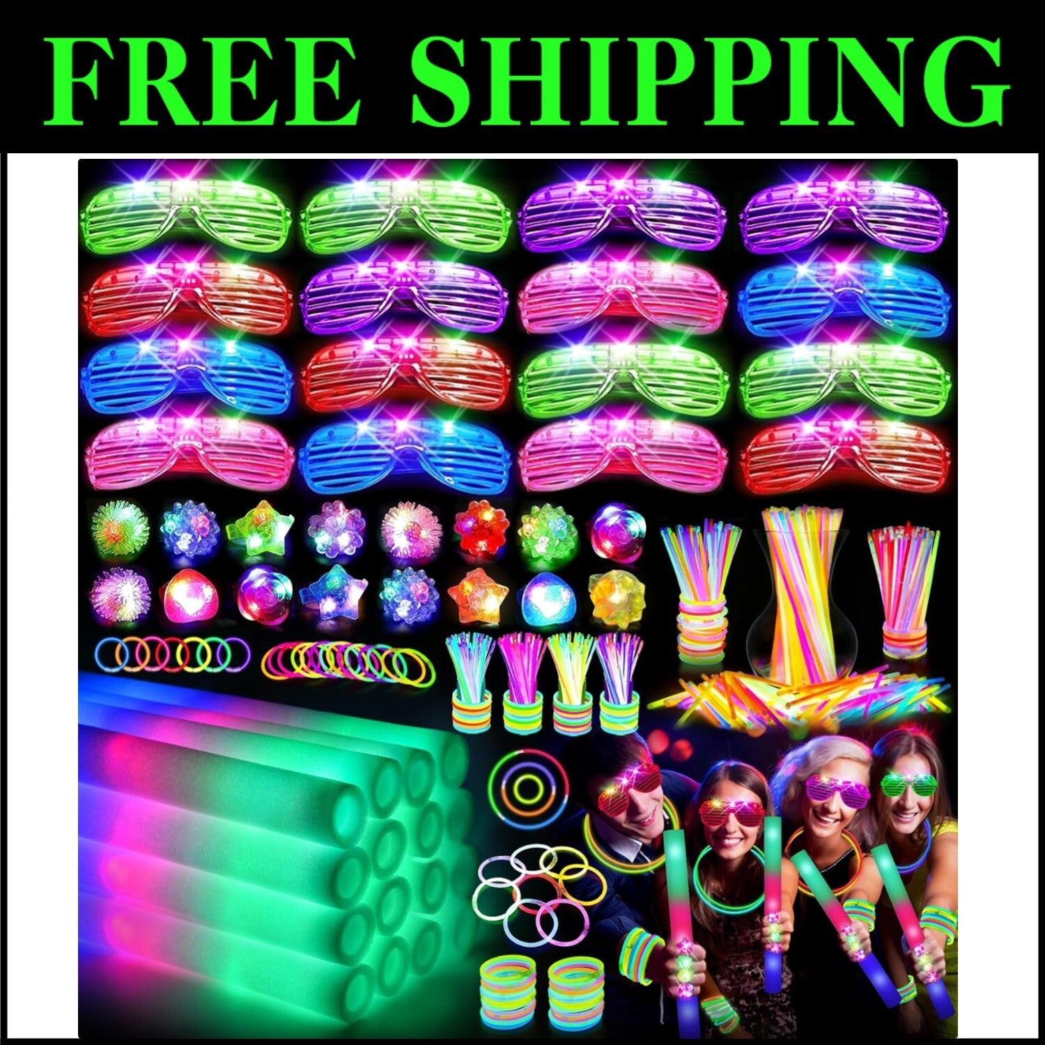 150 PCS Glow in the Dark Party Pack: Foam Sticks, LED Glasses & Finger Lights