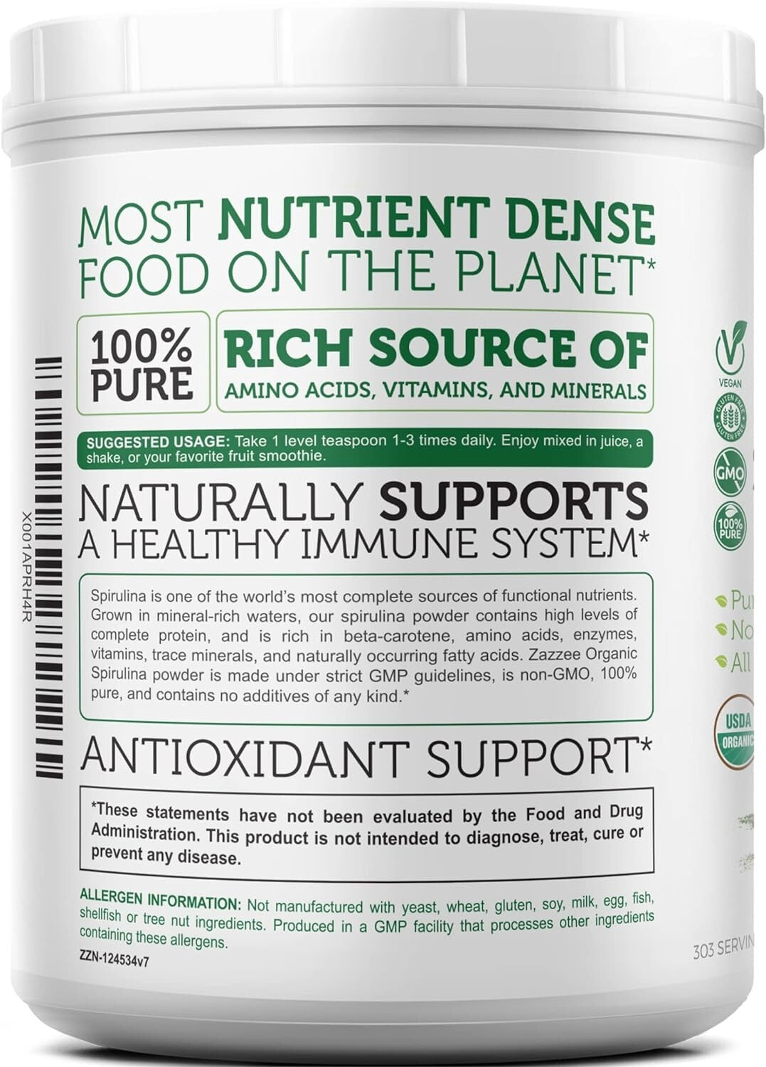 303 Servings of Organic Spirulina Powder 2.2 lbs - Fresh Taste in Convenient Jar