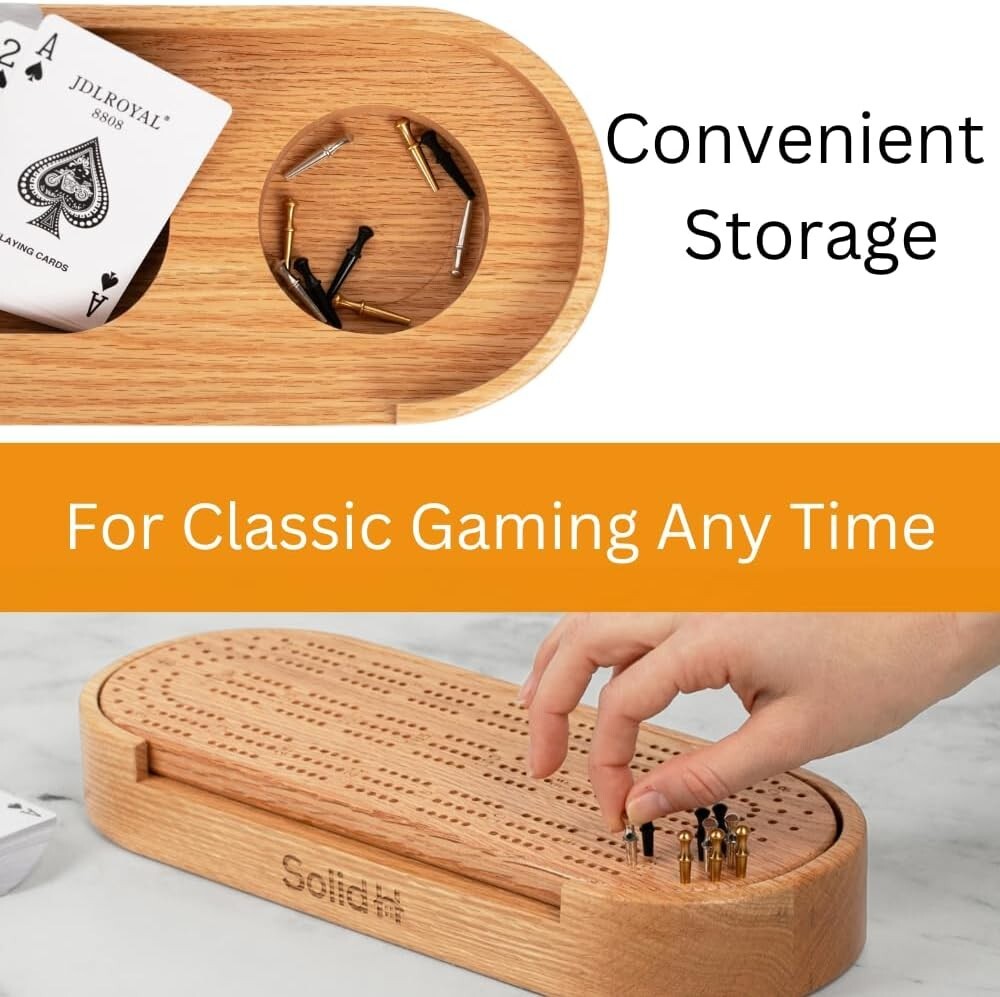 Luxury Oak Wood Cribbage Board Set - Complete with Cards, Pegs & Instructions