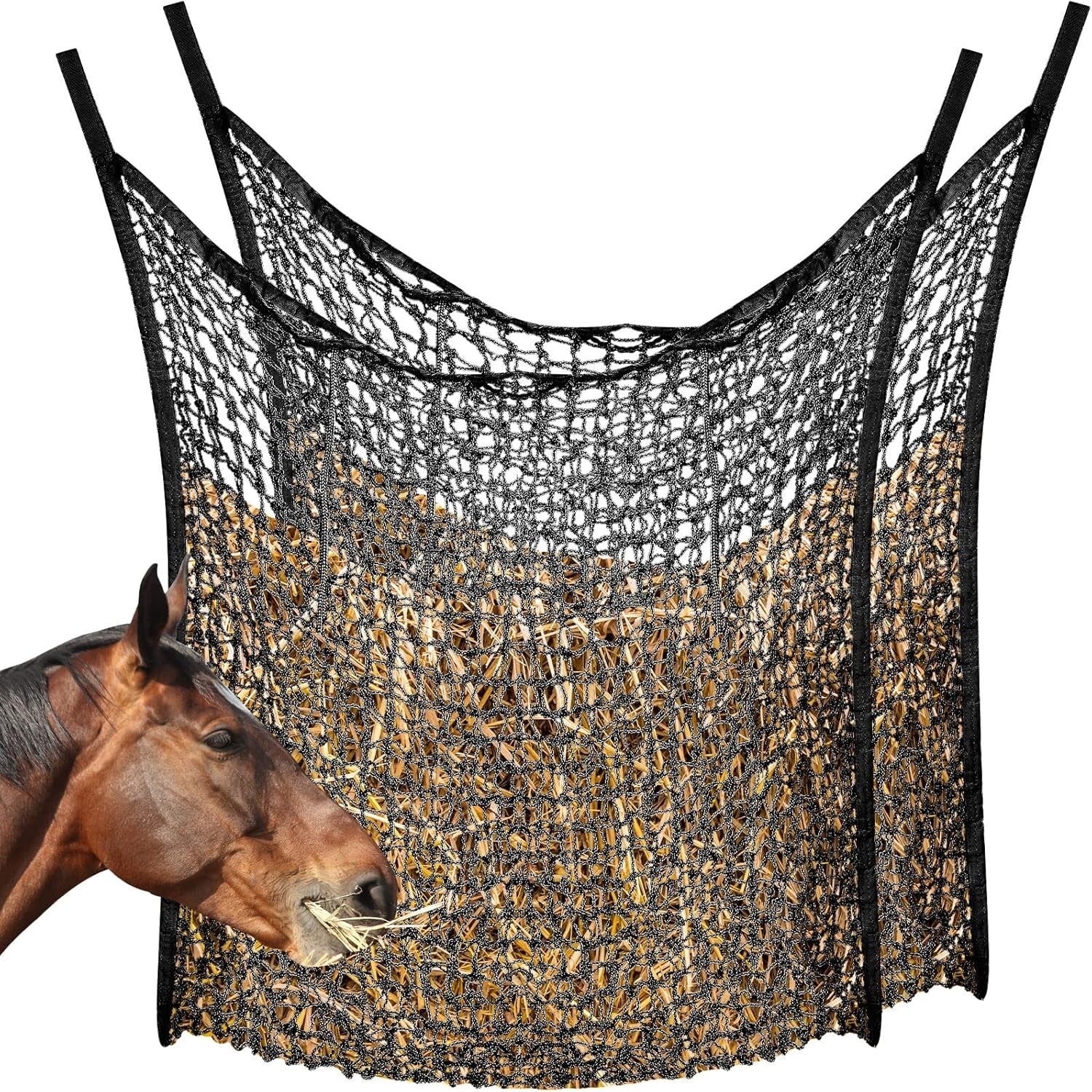 2-Pcs Slow Feed Hay Net Feeder Bags for Healthy Horse & Goat Feeding - 63x40in