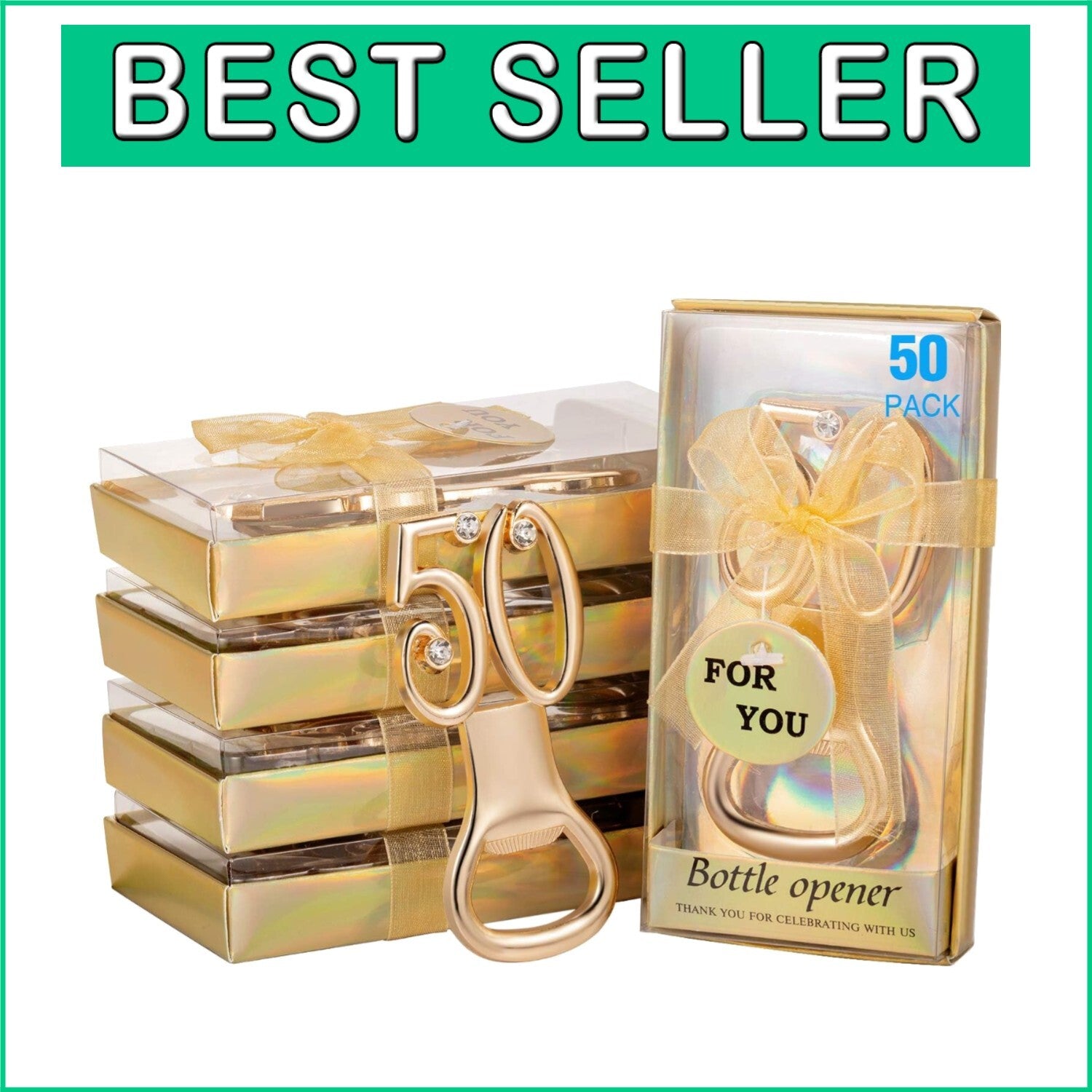 50-Piece Gold Rhinestone Bottle Opener Set for 50th Anniversary Celebrations