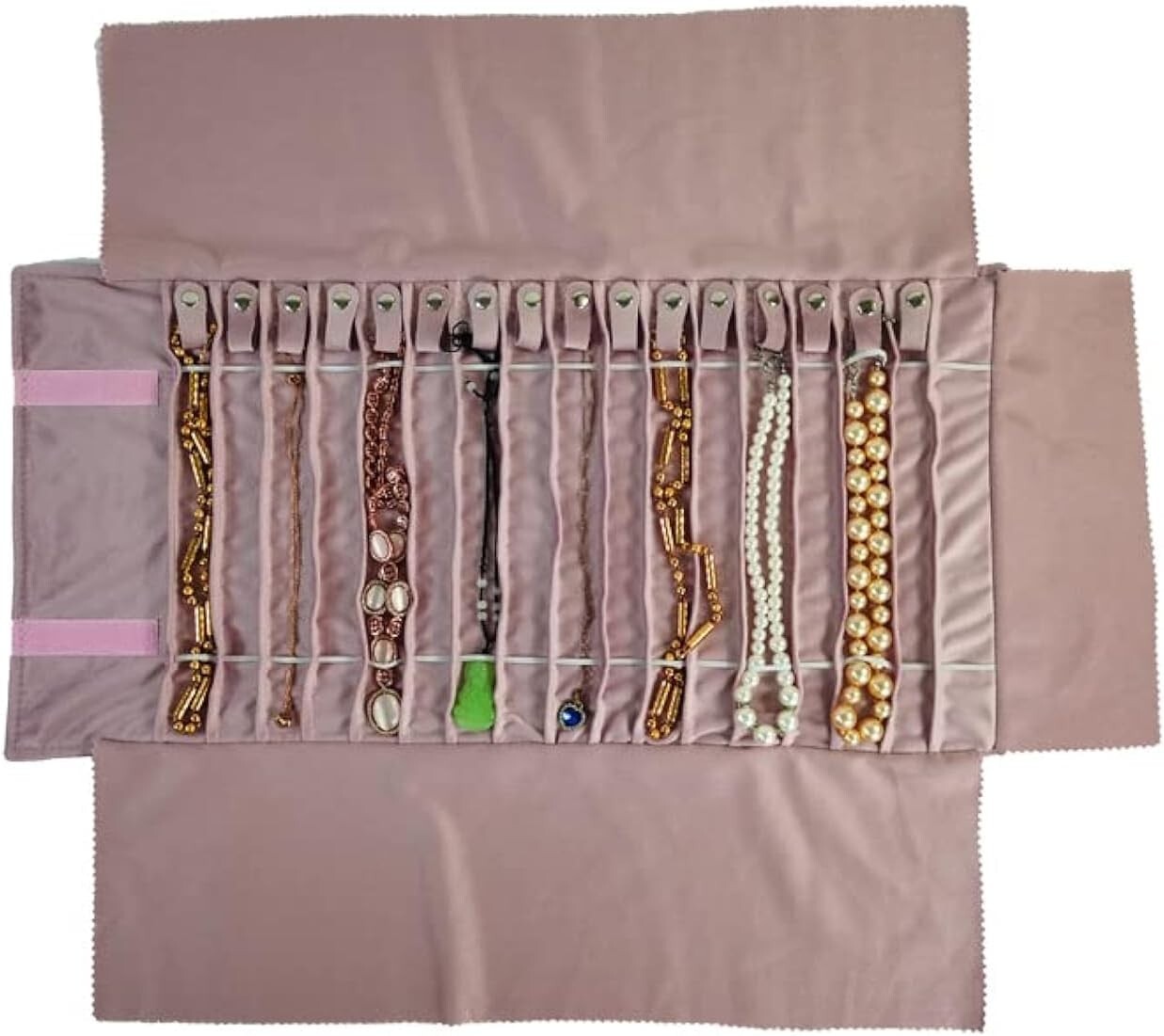 Elegant Portable Jewelry Roll in Embroidery Pink Velvet - 16 Holder Capacity