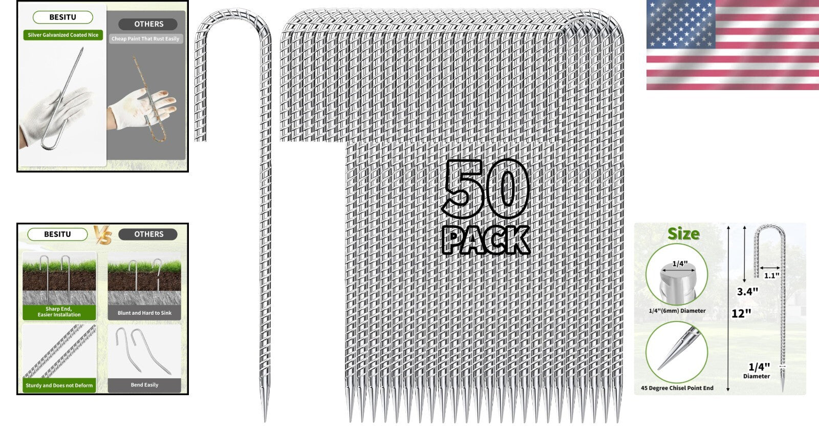 Durable 12-Inch galvanized Practical Stakes - 50 Pack for Landscape and Events