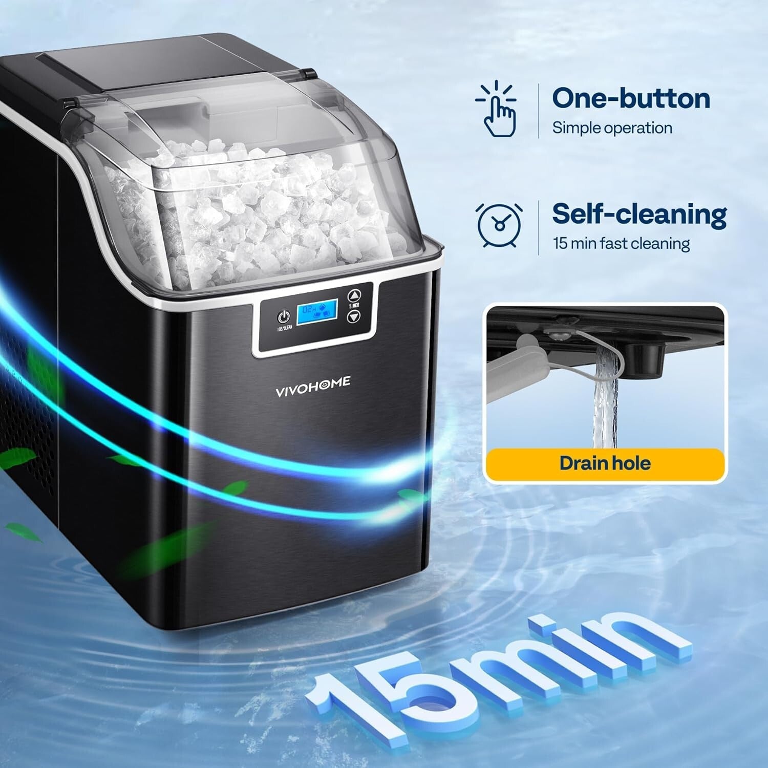 Efficient Nugget Ice Maker with LCD Panel and Self-Cleaning Feature - Portable