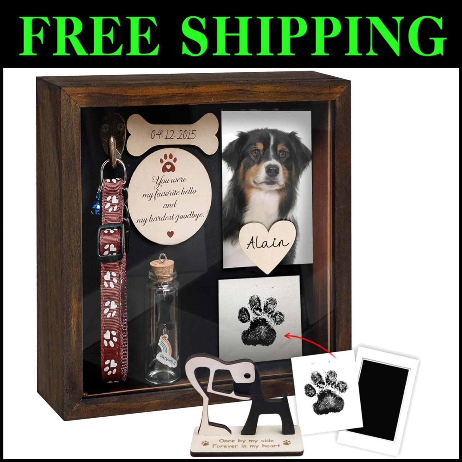 Elegant Dog Memorial Frame: 8.6-Inch Rustic Shadow Box with Personalization Kit