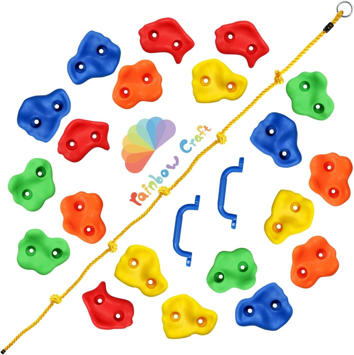 Durable 20pc Kids Rock Climbing Holds with Handles & Knotted Rope - Safe Fun