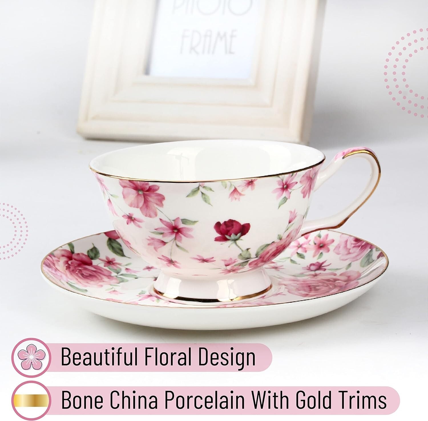 Assorted Floral Tea Cups and Saucers – 6 Piece Set with Elegant Gold Details
