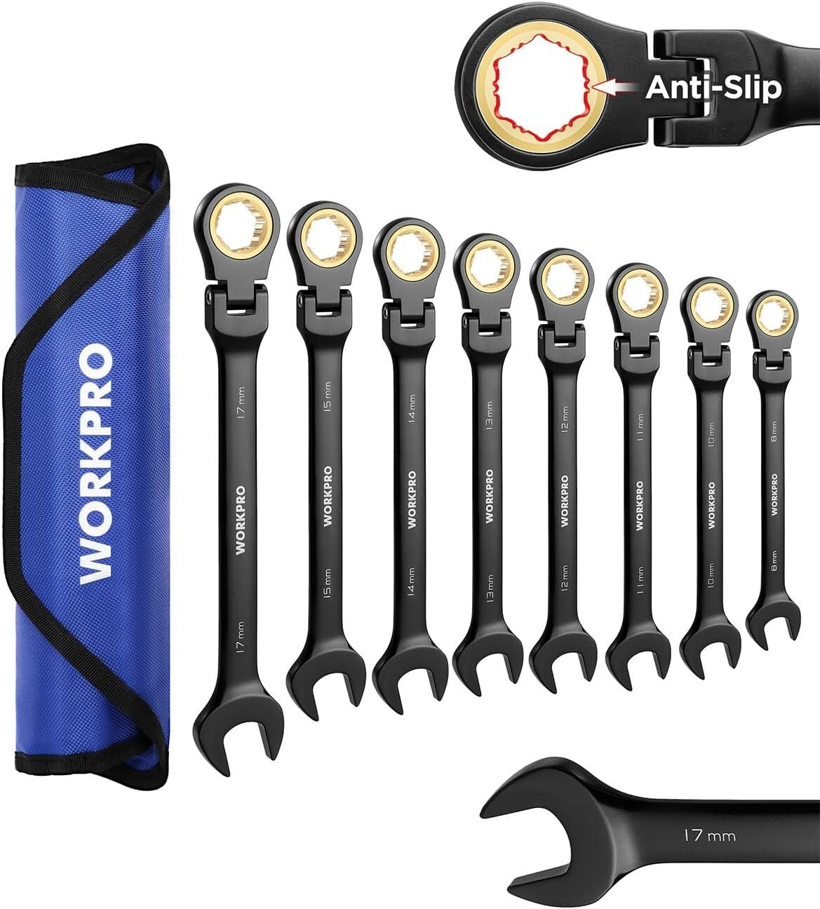 Durable 8-Piece Metric Ratcheting Wrench Set with 72 Teeth & Rolling Pouch
