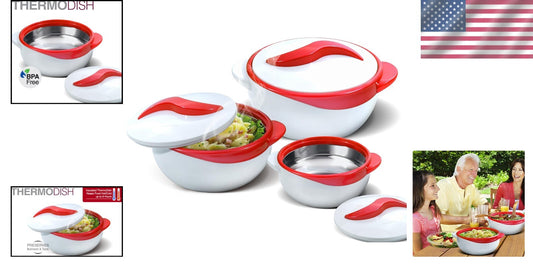 Elegant Insulated Casserole Dish Set 3 pc. - Red Stainless Steel Hot Food Warmer