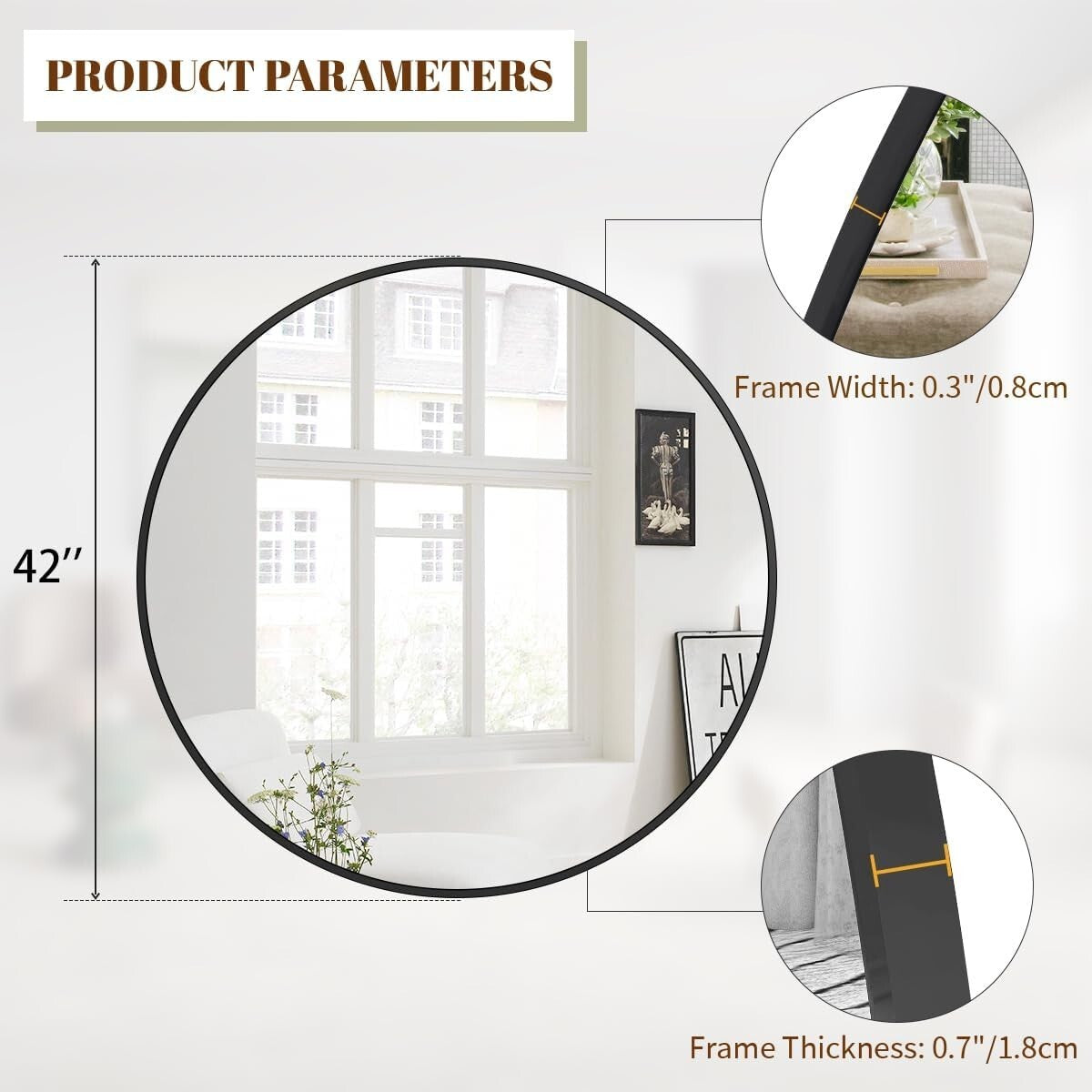 42-Inch Round Wall Mirror - Elegant Black Aluminum Frame for Versatile Decor