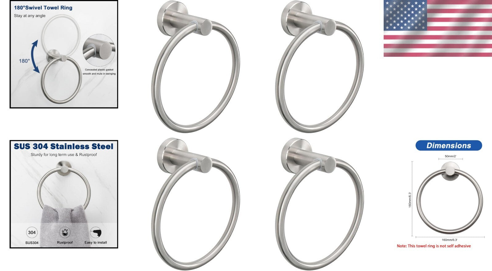 Elegant Wall-Mounted Towel Ring Set - Modern Stainless Steel Brushed Nickel
