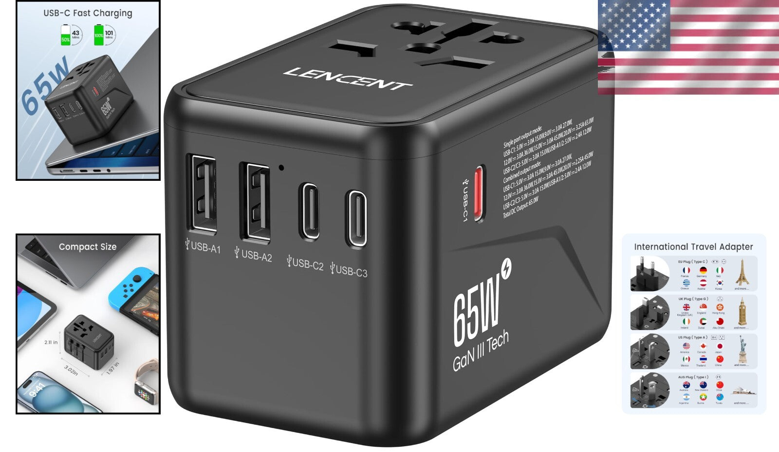 GaN III 65W Universal Travel Adapter - Fast Charging with USB & USB-C Ports