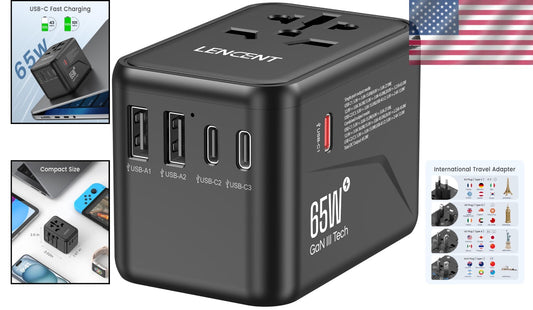 GaN III 65W Universal Travel Adapter - Fast Charging with USB & USB-C Ports