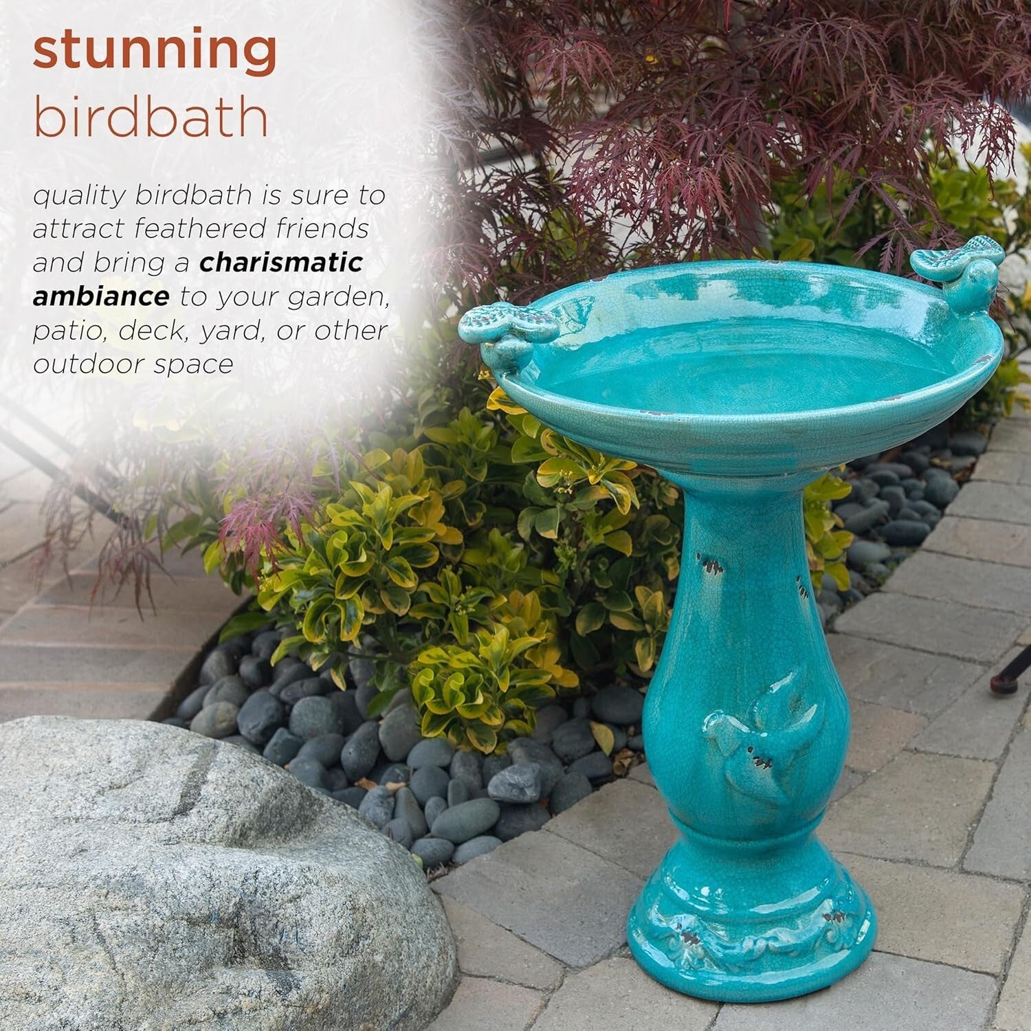 25" Antique Turquoise Ceramic Birdbath with 2 Figurines for Birds & Garden Charm