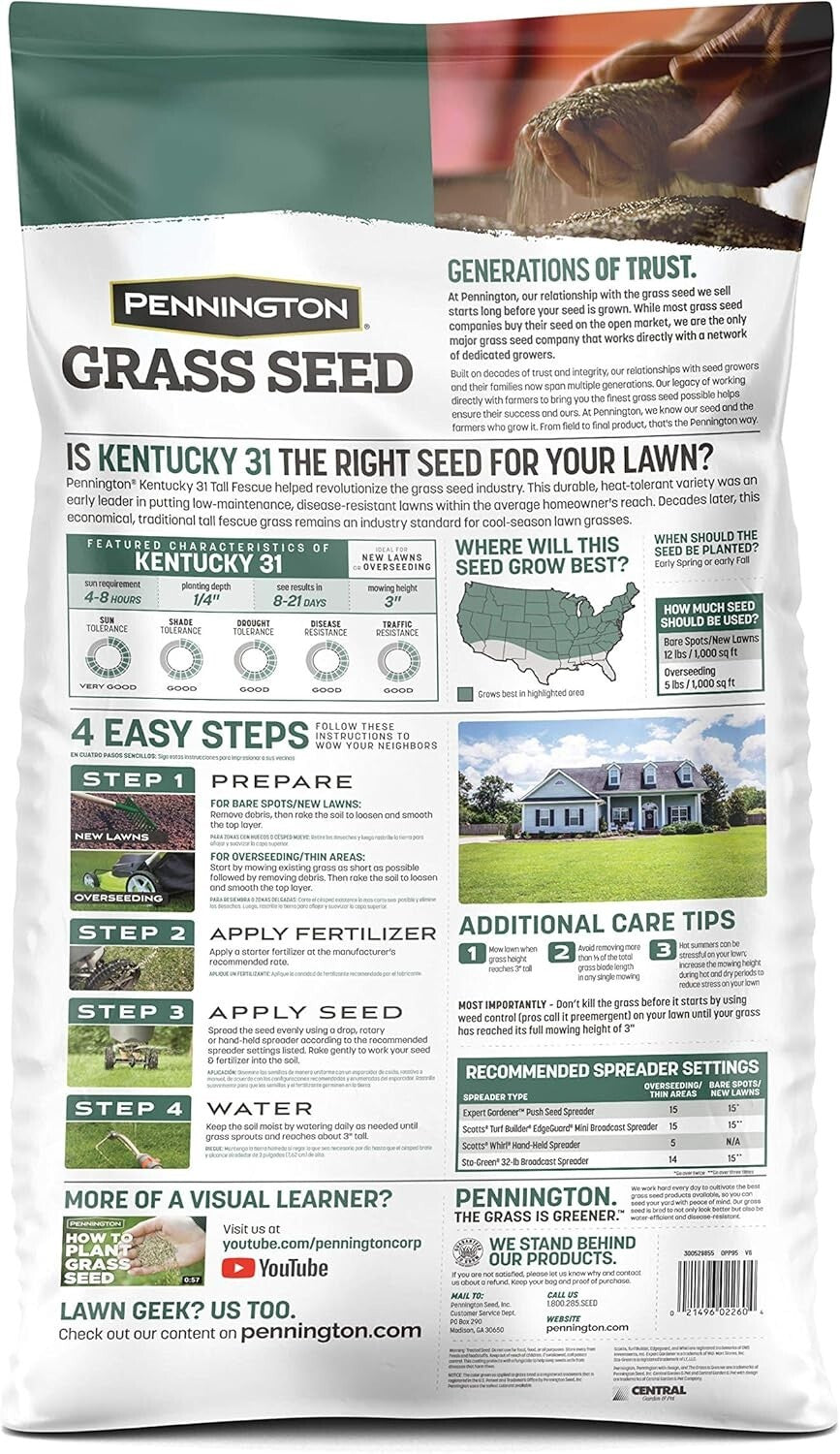 Kentucky 31 Tall Fescue Grass Seed 20 lb - Durable Lawn Solution for 4,000 sq ft