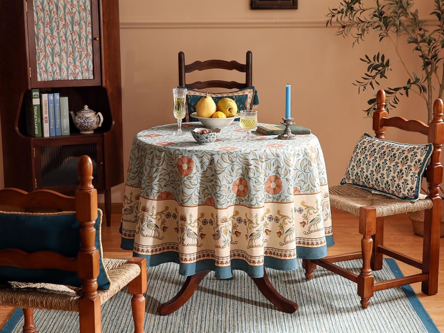 Elegant French Country Rustic Tablecloth - 67" Round with Pleated Corners