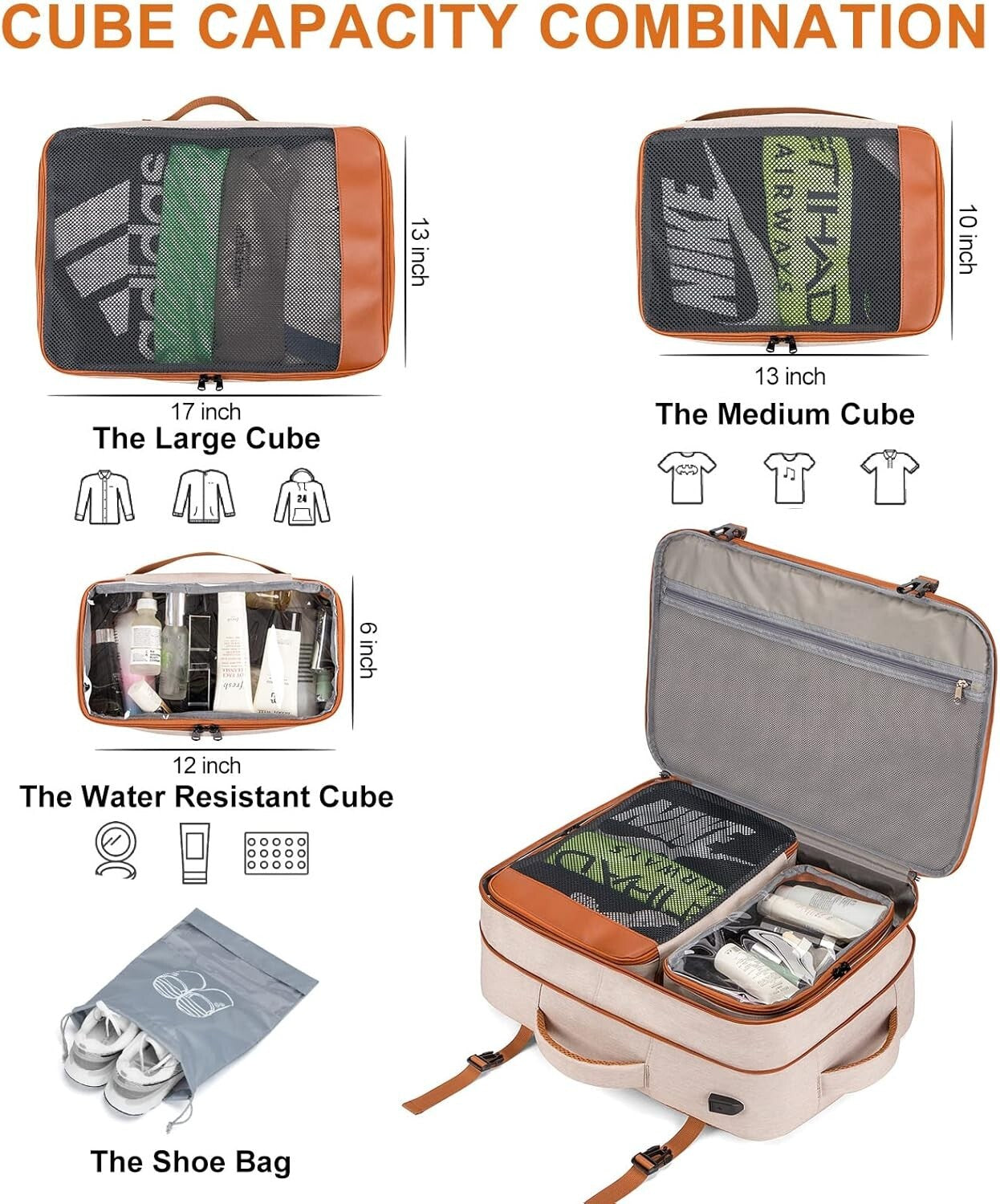 Expandable 40L Travel Backpack for Men & Women - Water Resistant & Stylish Beige