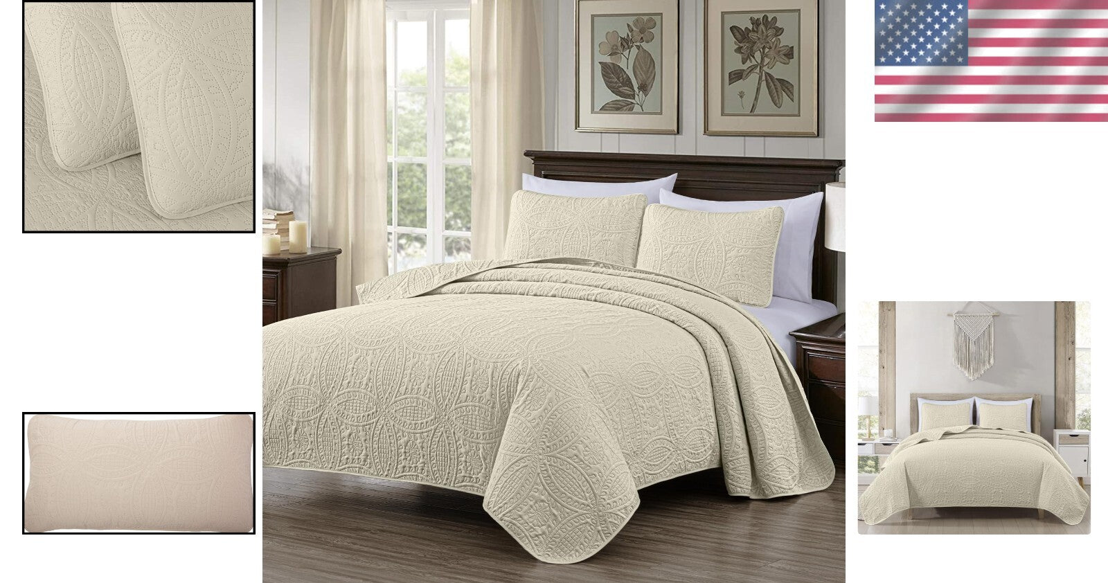 Elegant 3-Piece Ivory King Coverlet with Medallion Pattern - Year-Round Comfort