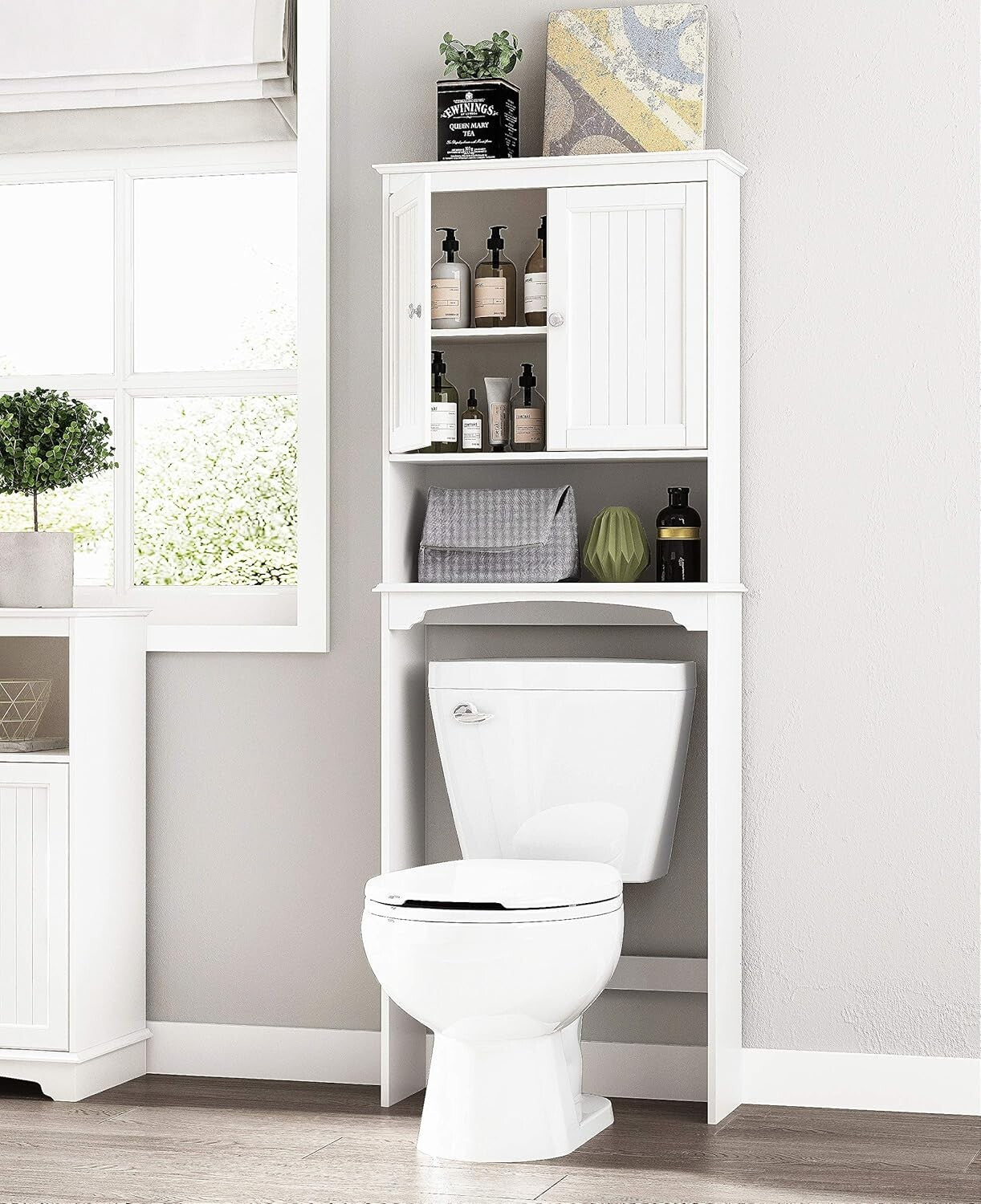 Elegant White Over Toilet Storage Cabinet with Adjustable Shelves for Bathrooms