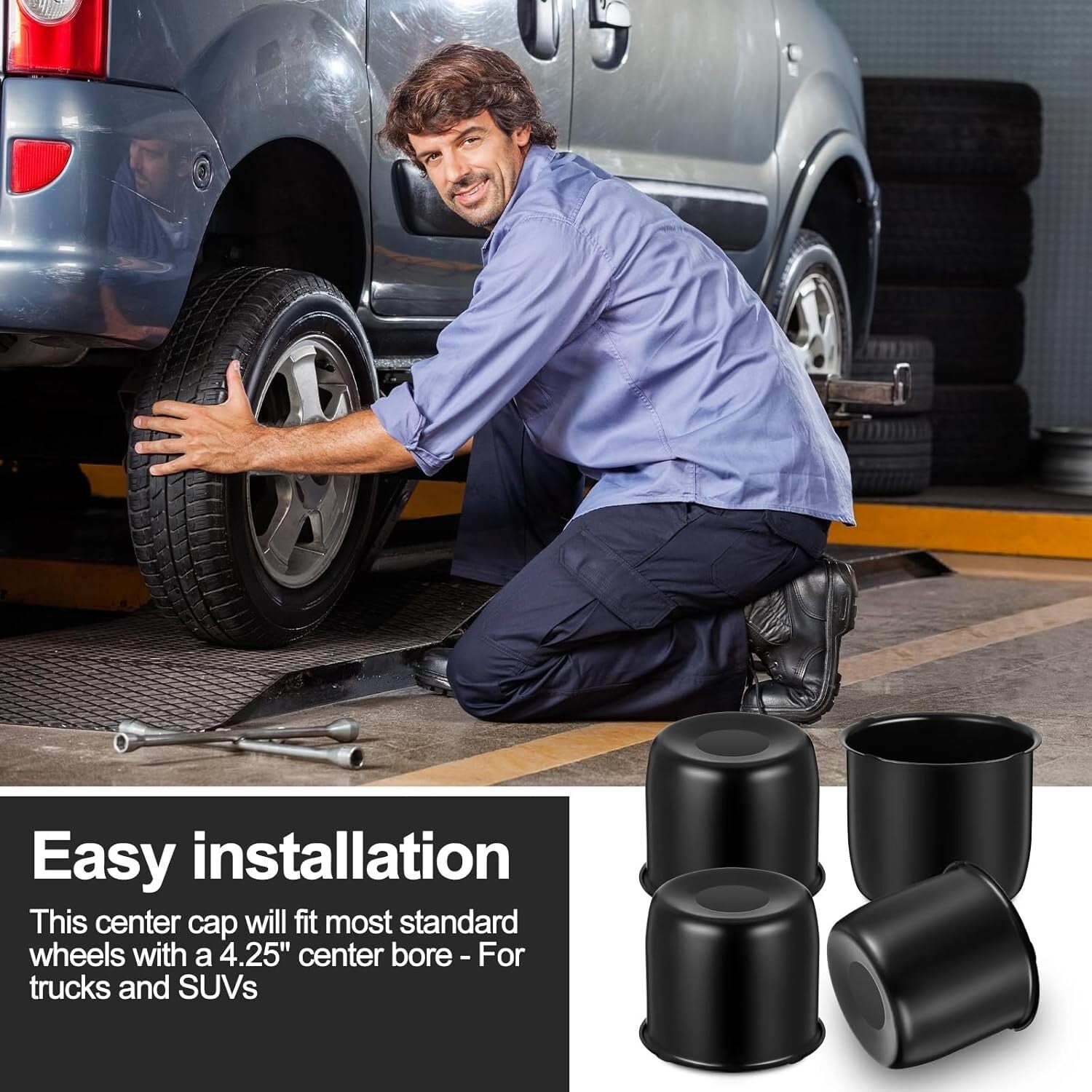 Easy Install Black Wheel Center Caps - 4 Pcs 4.25 Inch for Trailers and Trucks