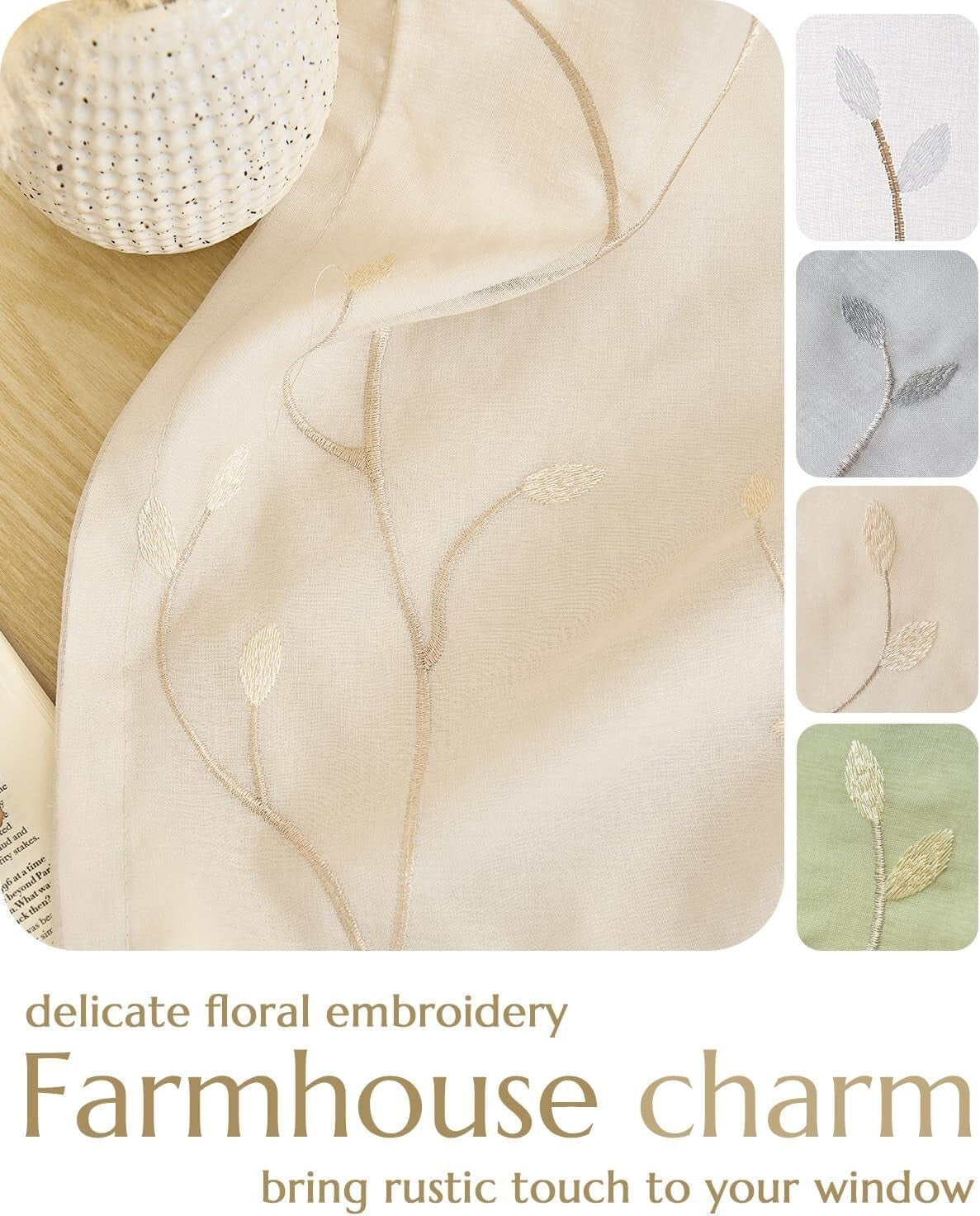 Chic Embroidered Voile Sheer Curtains for Living Room – 84" x 55" Beige Panels