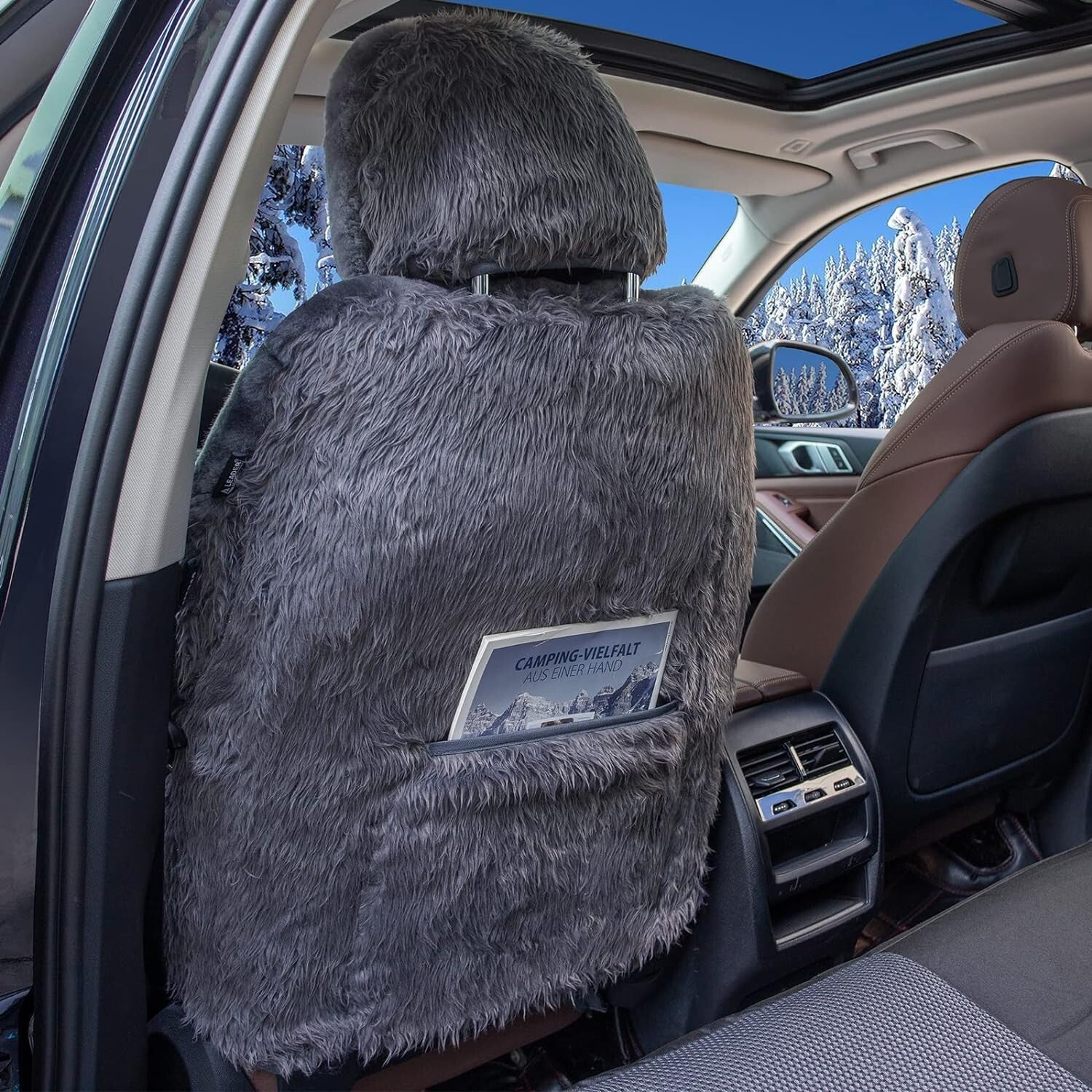 Easy Fit Universal Charcoal Sheepskin Front Seat Cover with Storage Pocket