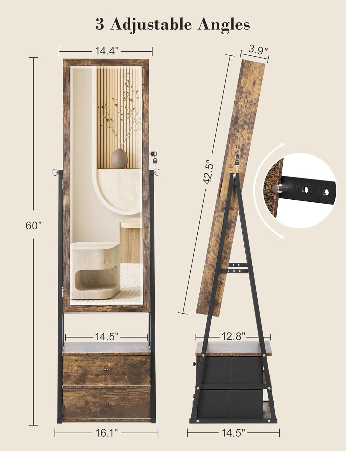 Full-Length Mirror Jewelry Cabinet with Velvet Compartments & 2 Drawers