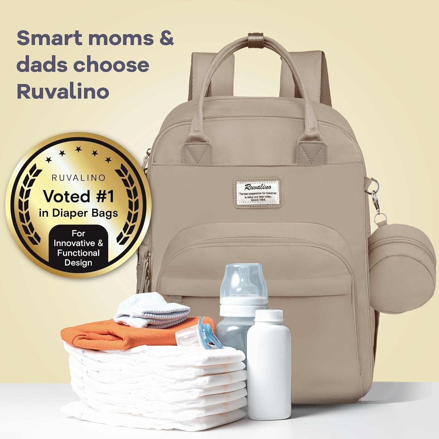 Stylish Waterproof Diaper Bag Backpack with Insulated Bottle Holders, Clay