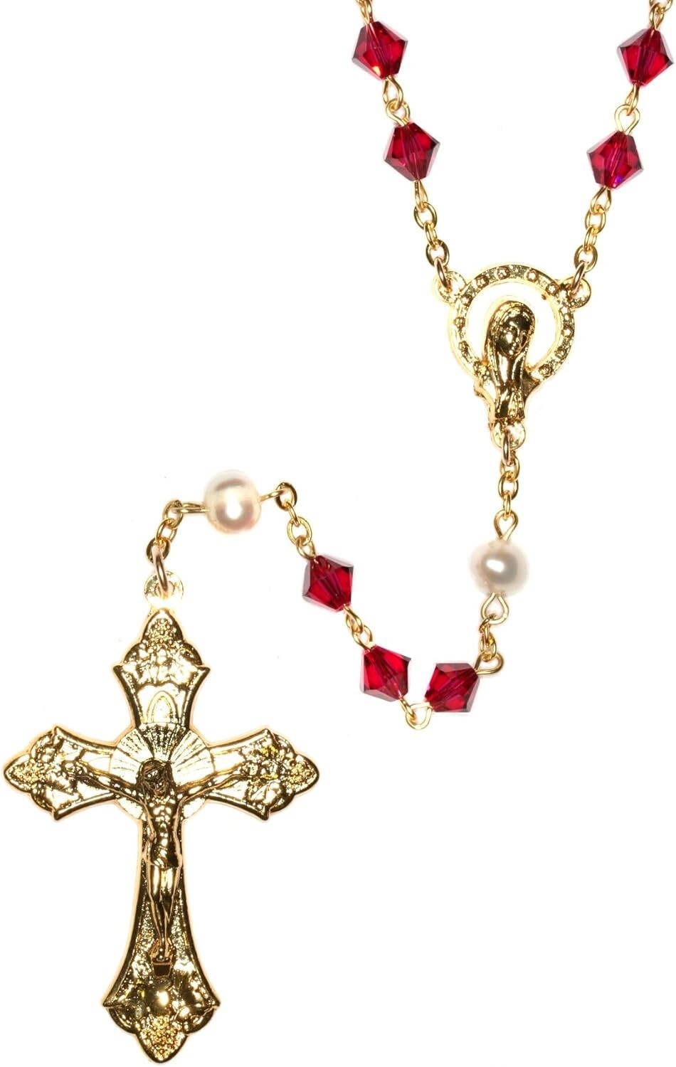 Exquisite 18'' Ruby Crystal Rosary with Gold Finish & Prayer Guide Included