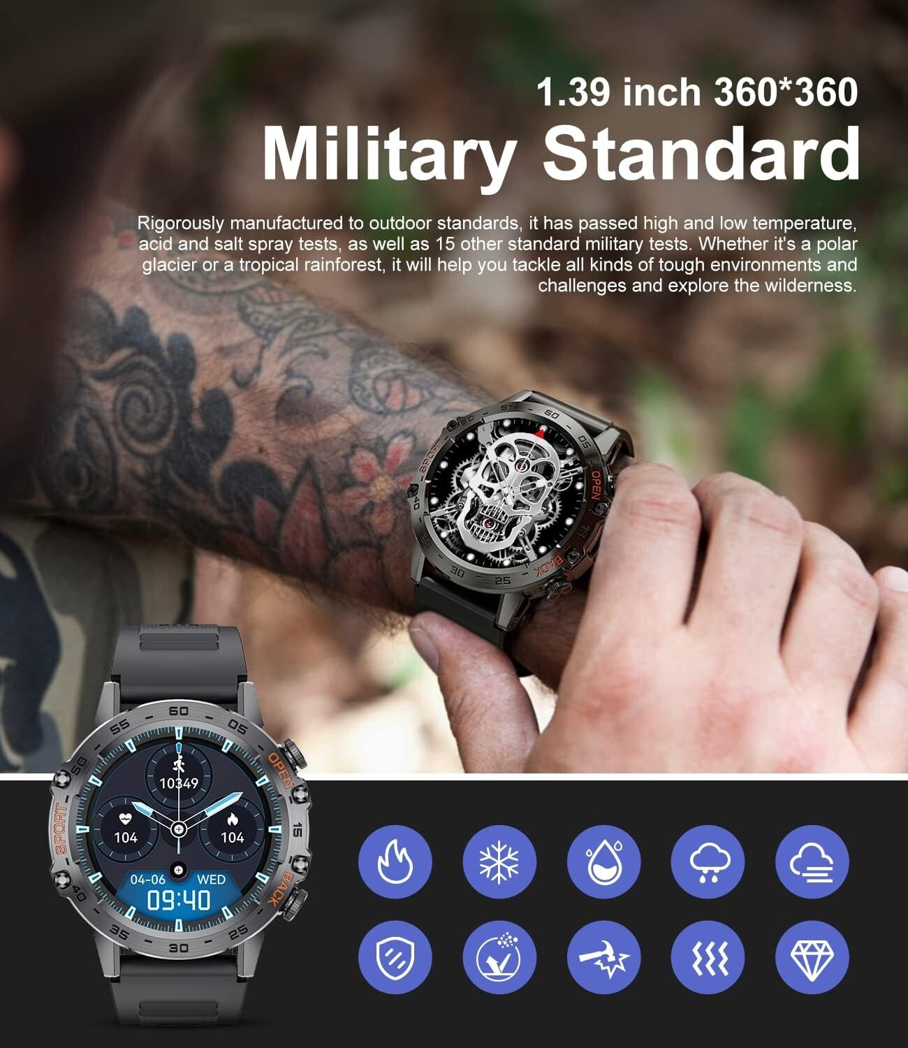 All-in-One Military Smart Watch with Health Tracker & HD Touch Screen Display