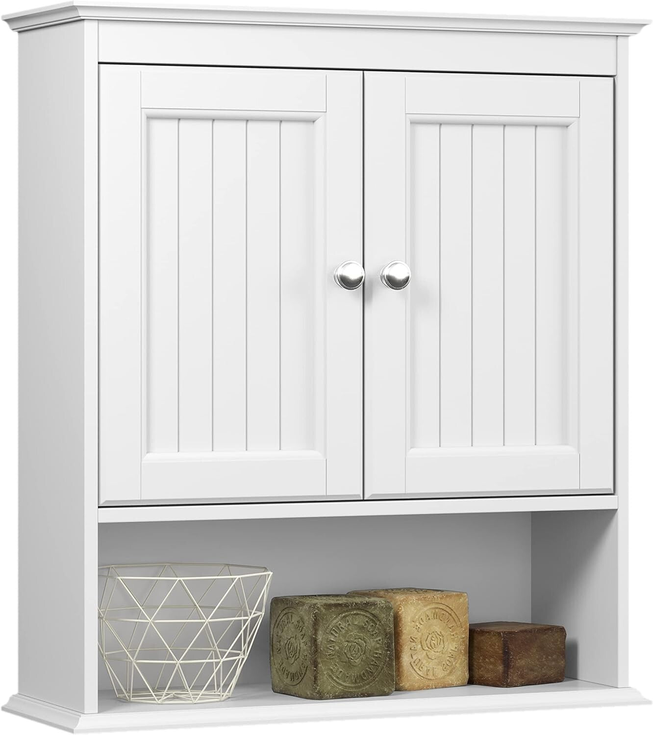 Durable Wall-Mounted Medicine Cabinet with Decorative Paneling & Nickel Handles