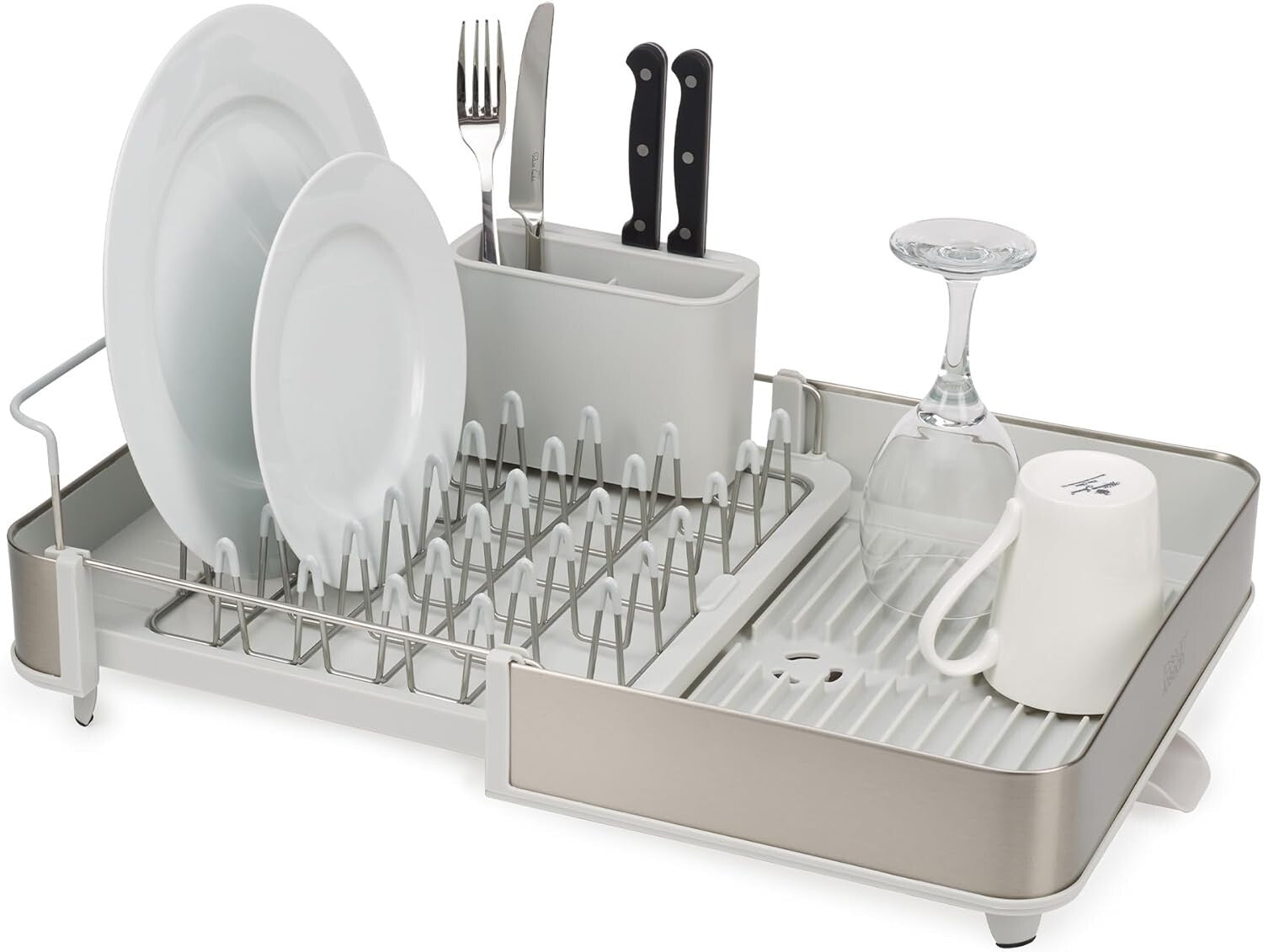 Adjustable Dish Drying Rack with Swivel Draining Spout and Cutlery Organizer